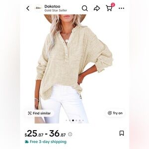 Beige Button-Up V-Neck Blouse